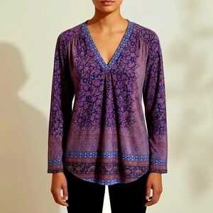 LUCKY BRAND Geo Print V-neck Boho Peasant Top Patterned Border Comfortable Fit 